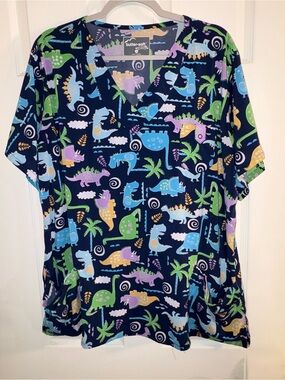 Butter-Soft Navy Dinosaur Print Scrub Top Size 2X